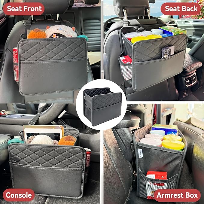 Upgraded Extra Large Car Seat Organizer Backseat with 3 Storage Pockets, Multipurpose Car Organizer Hanging Car Trash Bag Can Premium PU Leather Garbage Can 3 Gallon Large Capacity, Black.