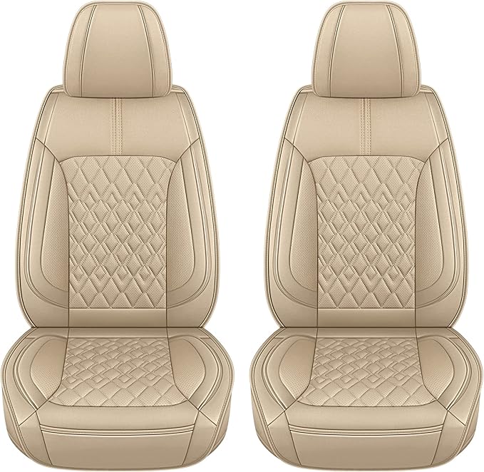 Pariitadin Leather Car Seat Covers Front Pair, Waterproof Breathable Faux Leather Automotive Seat Covers for Cars, Non-Slip Car Interior Covers Universal Fit Most Cars Sedans Trucks SUVs, Beige