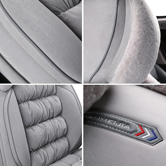 AOOG Fuzzy Leather Car Seat Covers, Heated Front Bench Back Cushion Protector for Cars SUV Trucks (Front seat, Grey)