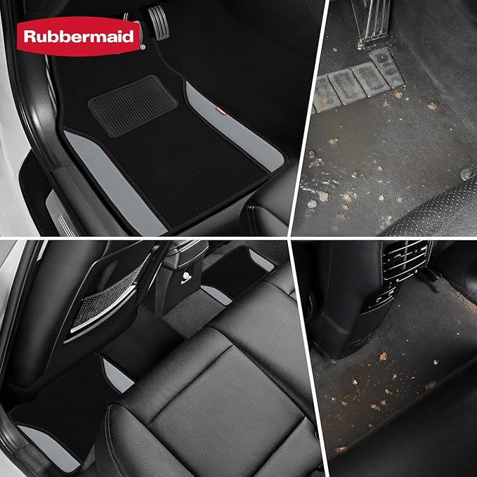 Rubbermaid Car Mats, Carpeted Floor Car Mat with Faux Leather & Built-in Heel Pad, Two-Tone Car Rug Floor Mats, Stylish Carpeted Floor Mats for Cars, Trucks & SUVs Gray Color