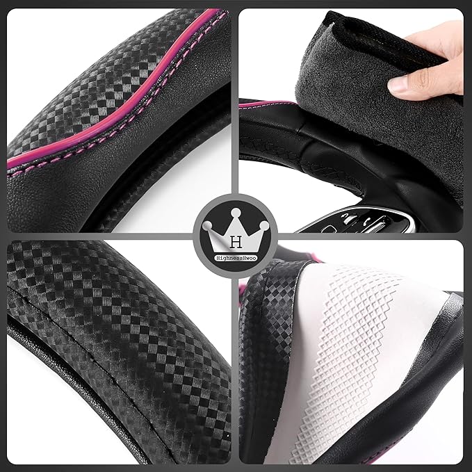 3D Car Steering Wheel Cover Comfort Grip Massage Sporty Anti-Slip Carbon Fiber Faux Leather for F150, Trucks, Jeep, Van, Car Handle Covers for All Seasons, 15.2-16in, Pink