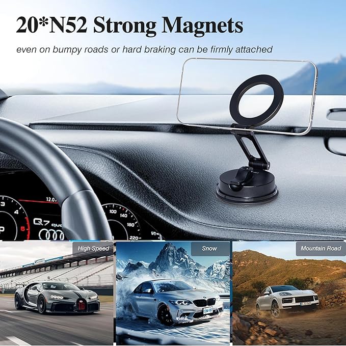 WIWU for MagSafe Car Mount Magnetic Phone Holder 360°Rotation Suction Cup Phone Mount for Car Foldable Adjustable Stable Cradle Compatible with iPhone 16/15/14/13/12 Series Android