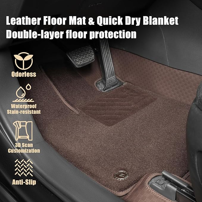 EKR Custom Floor Mats for Tesla Model 3 2024-2025, Front & 2nd Row Luxury Double Layer Car Floor Mat Liner Fit Model 3 2024 2025 - Leatherette Plus Carpet (Brown)