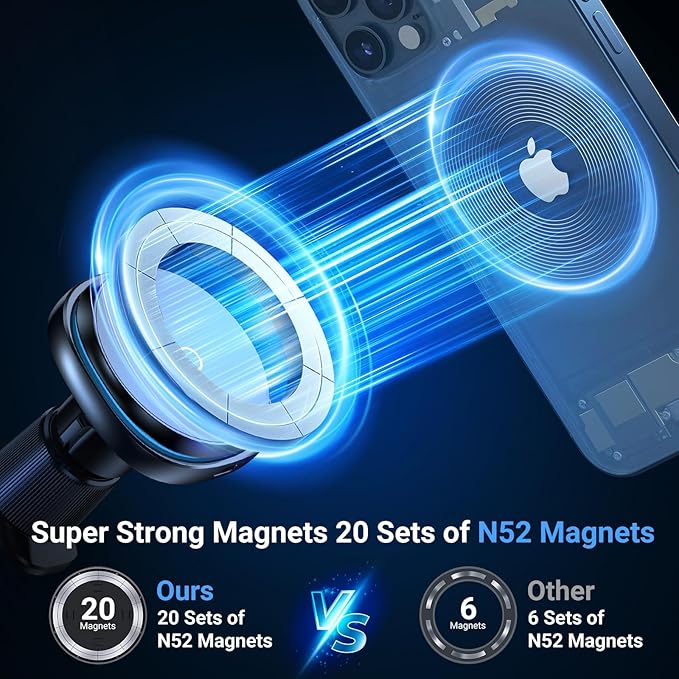 This Hill 15W Fast Magnetic Car Phone Mount - 2-in-1 Dashboard/Air Vent Mount with 360° Rotation & Secure Double Hook Clip, Includes QC 3.0 Adapter, Compatible with MagSafe Case,iPhone,Samsung,Google