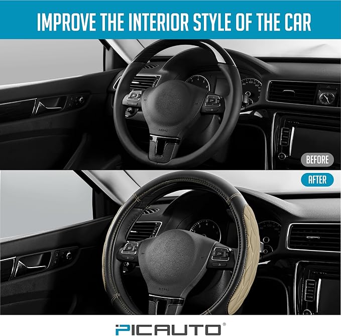 PIC AUTO Steering Wheel Cover, Beige Thick Rhombic Foam and Premium Leather, Universal 14.5-15.5 Inch Breathable Anti-Slip Steering Wheels Accessories for Men & Women