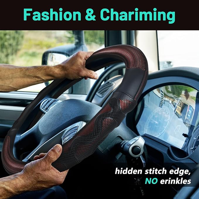 17.5-18 Inch Truck Steering Wheel Cover Leather Wheel Semi-Truck Comfy Grip Cover with 3D Honeycomb Anti-Slip Design Car Accessory, Fits RV, Big Rig and Classic Car(Red)
