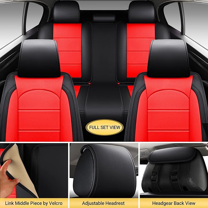 AOOG Leather Car Seat Covers with Car Backseat Organizer, Universal fit Automotive Vehicle Most Sedan SUV Pick-up Truck (Full Set, Black&Red)