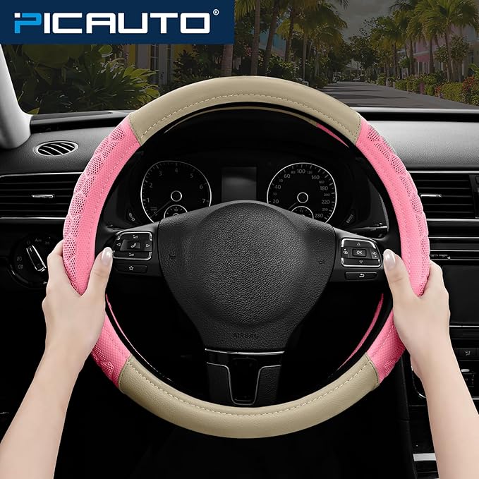 PIC AUTO Massage Steering Wheel Cover, Pink Football Pattern Material Spliced & Beige Leather Car Steering Wheel Cover, Car Steering Cover, Universal Fit 14.5"-15.5" for Cars, Trucks, Van, SUVs