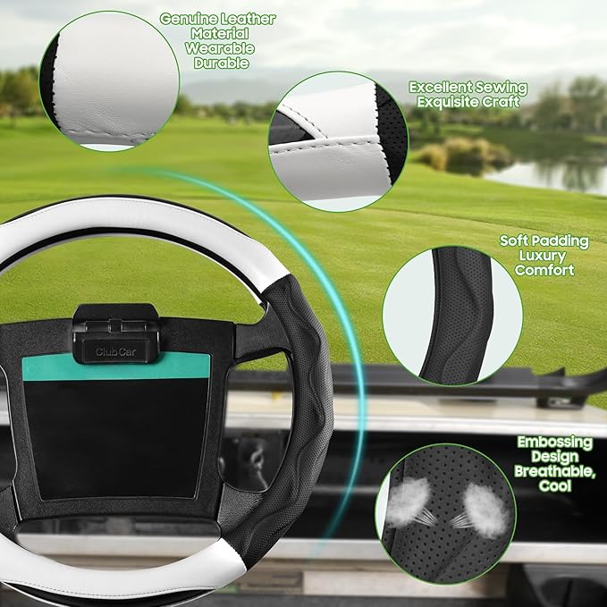 10L0L 14 Inch Golf Cart Steering Wheel Covers for Yamaha, Club Car DS&Precedent, Upgraded Microfiber Anti-Slip Steering Wheel Cover with Pu Leather