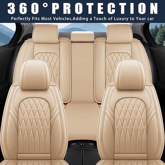WELLDO Car Seat Covers Full Set, Leather Seat Covers for Cars, Car Seat Protector Waterproof, Non-Slip Car Interior Covers Full Set Universal Automotive Seat Covers for Most Cars SUVs, Beige