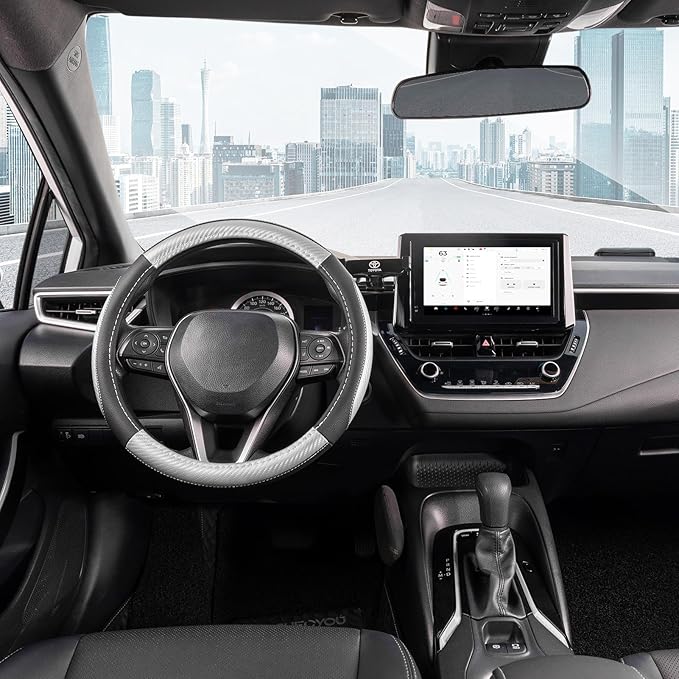 SEG Direct Car Steering Wheel Cover for Prius Civic Model 3 Model Y Camaro, Small Size 14-14.25 inch, Auto Interior Accessories, Black with Sliver Carbon Fiber Pattern