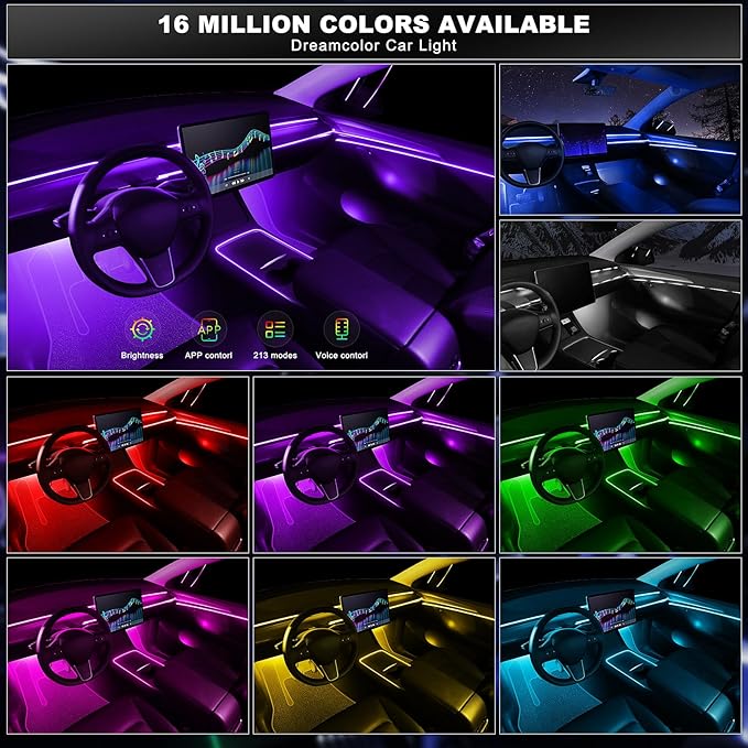 Acrylic Interior Car LED Strip Light with Wireless APP, RGB 18 in 1 with 175 inches 612 LEDs Fiber Optic Strip Lights for Car, Dual Zone Music Sync Neon Car Ambient Lighting Kits