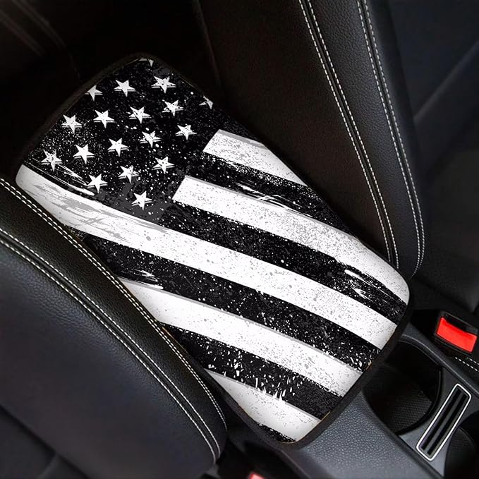 Auto Center Console Pad,Soft Waterproof Car Center Console Cover Auto Armrest Seat Box Cover Protector for Most Vehicle SUV Truck Car, Black White American Flag