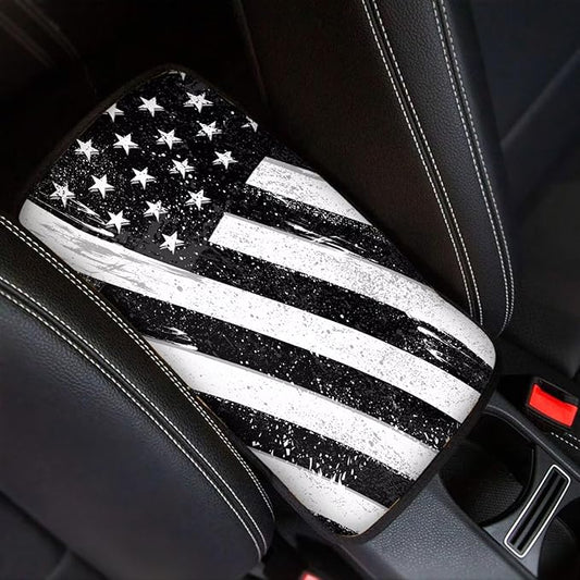 Auto Center Console Pad,Soft Waterproof Car Center Console Cover Auto Armrest Seat Box Cover Protector for Most Vehicle SUV Truck Car, Black White American Flag