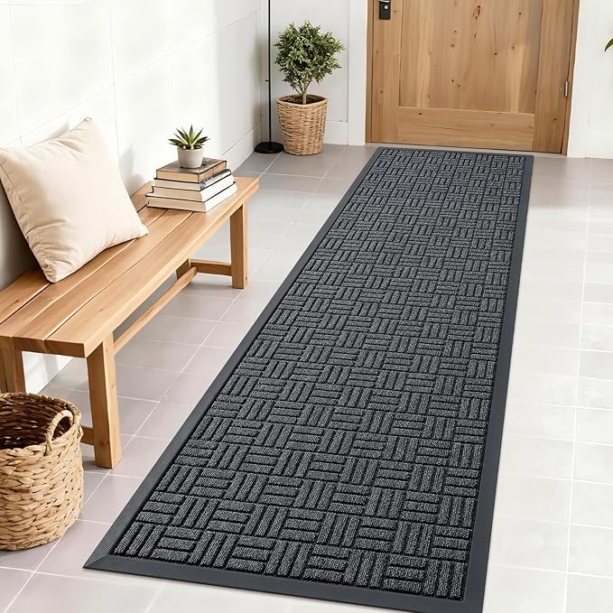 OLANLY Front Door Mat Outside Entrance 71x23, Absorbent, Heavy Duty Sturdy Natural Rubber Doormat Indoor Outdoor, Non-Slip, Stain and Fade Resistant, Low Profile Floor Mat for Entryway, Black Gray