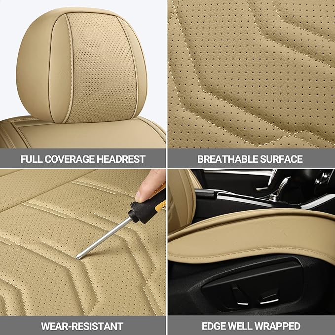 AOOG Leather Car Seat Covers Universal fit Most Sedans SUV Trucks (Full Set, Beige)