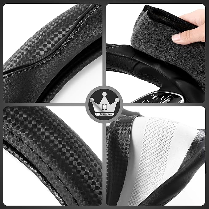 3D Car Steering Wheel Cover Comfort Grip Massage Sporty Anti-Slip Carbon Fiber Faux Leather for Sedan SUV, Universal Fit, Car Handle Covers for All Seasons, 14.75-15.15in, Black