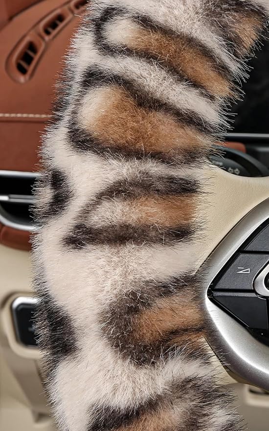 Fluffy Cheetah Car Steering Wheel Cover Luxurious Faux Fur Leopard Print Cute Wheel Protector Universal 15 Inch Fit for Vehicle, Car, Auto, SUV Winter Warm (Brown)