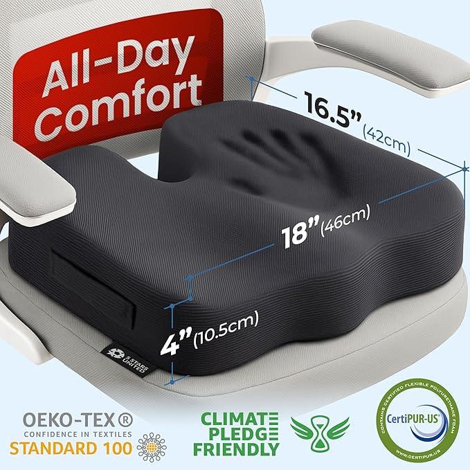 5 STARS UNITED Seat Cushion for Tailbone Pain Relief – Large Memory Foam Cushion for Coccyx, Hip, Sciatica & Post-Surgery Recovery – Wheelchair, Car, Desk, Gaming & Office Chairs, Black