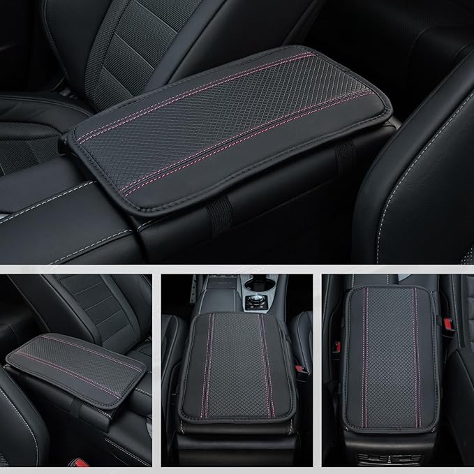 Amiss Car Center Console Pad, Universal Waterproof Car Armrest Seat Box Cover, PU Leather Auto Armrest Cover Protector，Vehicle Interior Accessories fits SUV/Truck/Car (Black-Pink)