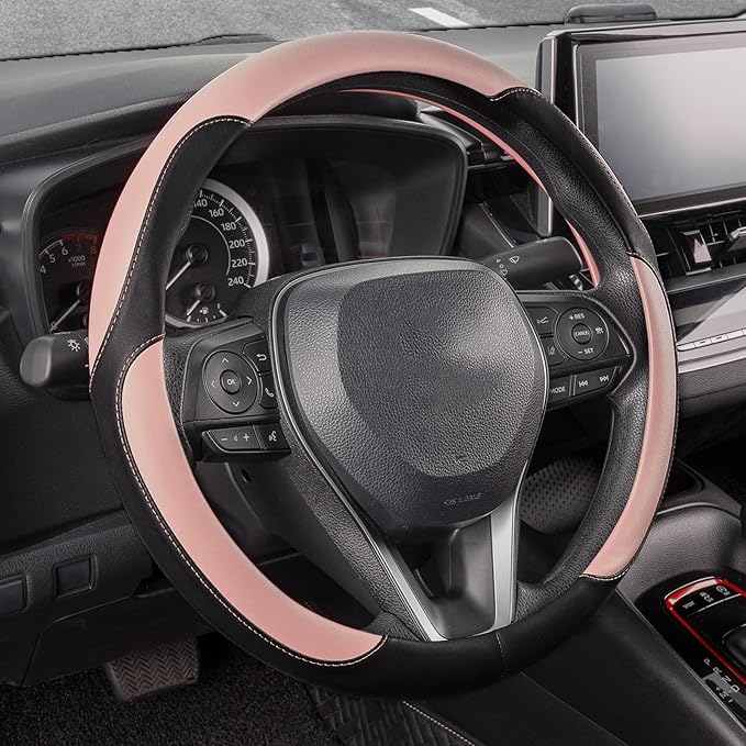 SEG Direct Car Steering Wheel Cover for Women Men, Standard Size 14.5-15 inch (37-39 cm), Auto Interior Accessories, Black and Pink