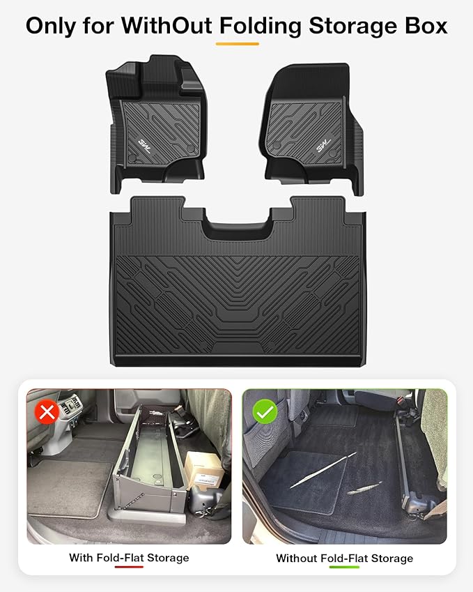 3W Floor Mats for Ford F-150 2015-2025 & F150 Lightning 2022-2025 SuperCrew (w/o Fold Flat Storage), TPE All Weather Custom Fit, Front & Rear 3PCS | Heavy Duty, Easy Clean - Black