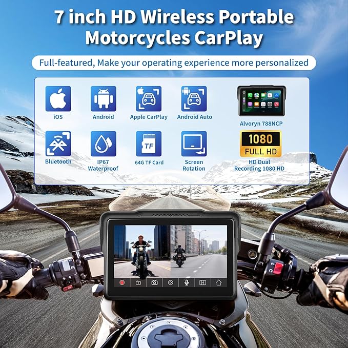 Motorcycle CarPlay Screen 7", Waterproof GPS Display for Motorbike, Wireless CarPlay & Android Auto para Moto, Dual Bluetooth, Touchscreen, Music Sharing Siri (7" CarPlay + Dual Camera)