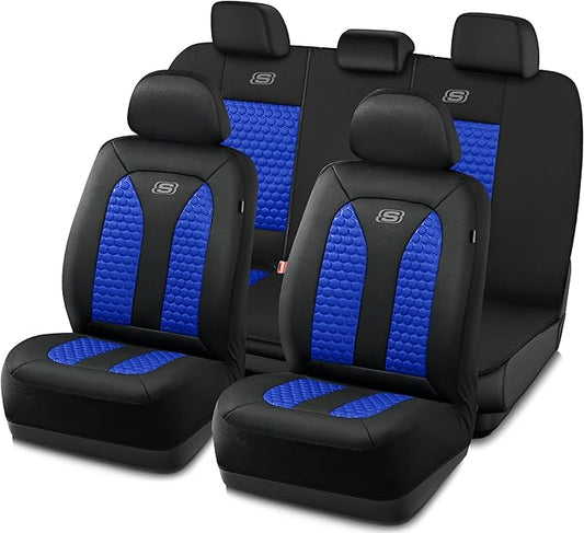 Skechers Memory Foam™ Car Seat Cover Full Sets, Hexcomb Breathable Thick Seat Covers, Airbag Compatible, Automotive Comfort & Protection for Most Cars,Van,Trucks, SUVs (Blue,Full Set)