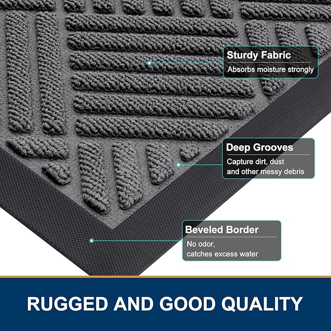 Smiry Front Door Mat Outside Entrance, Heavy Duty Outdoor Indoor Natural Rubber Doormat, Non Slip, Trap Dirt and Moisture, Easy Clean, Low Profile Patio Porch Entryway Mat, 71x47, Grey