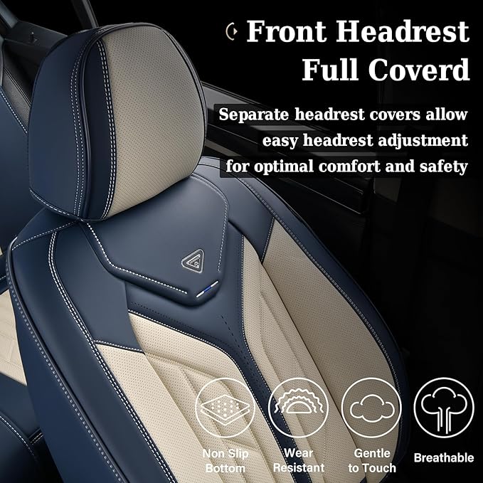 Coverado Car Seat Covers Full Set, Leather Seat Covers for Cars, Waterproof Automotive Seat Covers Car Seat Protectors Car Accessories Universal Fit for Most Sedans SUV Pick-up Truck(Blue&Beige)