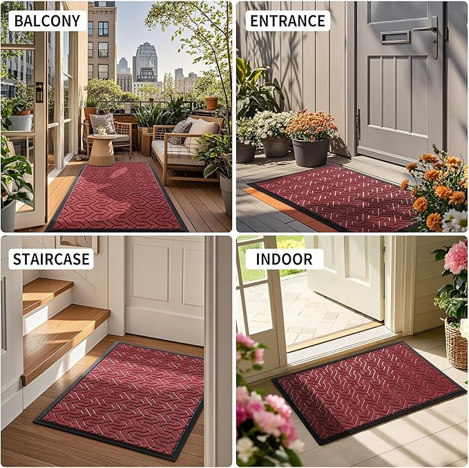 Yimobra Front Door Mat Outside Entrance 29.5x17, Waterproof Heavy Duty Outdoor Mats for Front Door, Non Slip Rubber Entry Mat for Garage Patio Indoor, Black Red