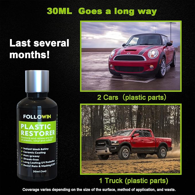 FOLLOWIN Plastic Restorer for Cars - Black Trim Restorer & Ceramic Coating, Resists Water, UV Rays, Dirt, Not a Dressing, Hydrophobic Protection, Highly Concentrated Formula,30ml