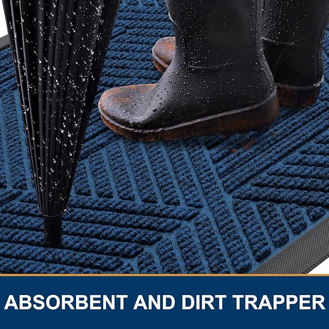 Smiry Front Door Mat Outside Entrance, Heavy Duty Sturdy Natural Rubber Doormat, Trap Dirt and Moisture, Easy Clean Low Profile Mats for Indoor Outdoor Entry, Irregular Triangle (36x24, Medium Blue)