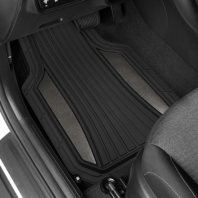 Motor Trend ChromeTech Car Floor Mats Full Set - Durable Rubber Floor Mats for Cars with Two Tone Accent, All Weather Interior Protection for Front and Rear with Non-Slip Backing, Gunmetal Chrome