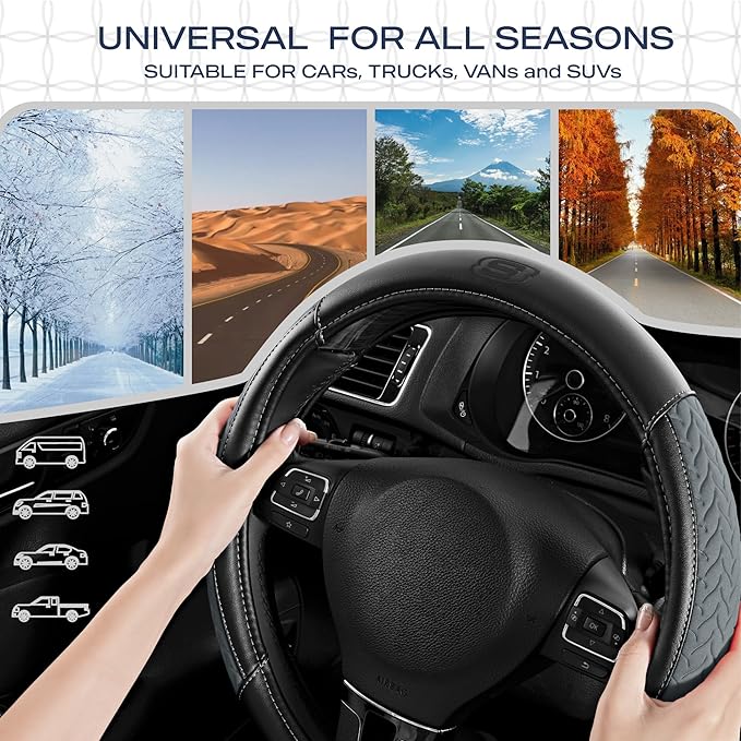 Skechers Steering Wheel Cover,Max Cushioning Leather Steering Wheel Cover Universal Fit 14" 1/2-15" Car Wheel Protector for Men Women Fit Suvs,Vans,Sedans,Car,Trucks,Gray