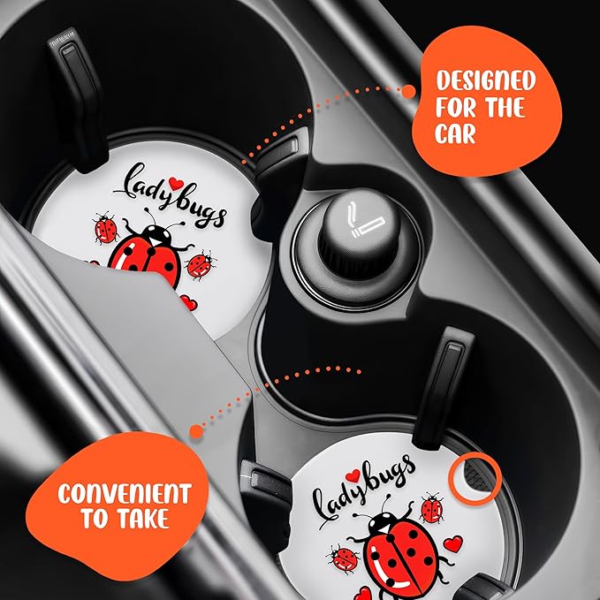 2 Pack Ladybugs Car Cup Holder Coaster, Cute Car Interior Accessories Drink Coaster for Women & Men, Ladybugs Lovers Themed Gifts Stuff Accessories Things Merchandise Items!