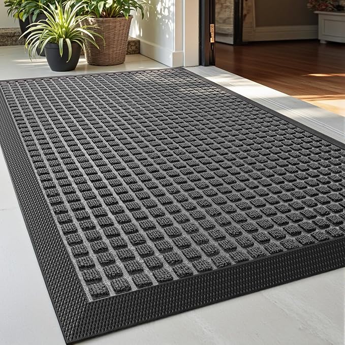 DEXI Front Door Mat Outside Entrance, Rubber Entry Doormat Heavy Duty, Welcome Mats Non Slip for Inside House Floor Entryway Back Doors Exterior Patio, 17x29 Squares Grey