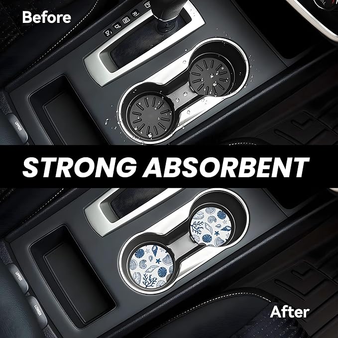 Absorbent Car Coasters for Cup Holders, 2 Pack Universal Anti Slip Ceramic Cup Coaster for Women Men 2.56 Inch Car Interior Accessories - Blue Sea Shell 013