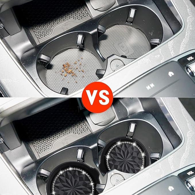 Amooca Car Cup Coaster Universal Non-Slip Cup Holders Bling Crystal Rhinestone Car Interior Accessories 4 Pack Black Flower