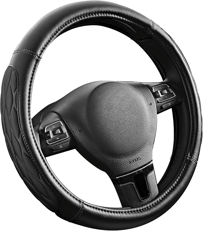 PIC AUTO Steering Wheel Cover, Black Thick Rhombic Foam and Premium Leather, Universal 14.5-15.5 Inch Breathable Anti-Slip Steering Wheels Accessories for Men & Women