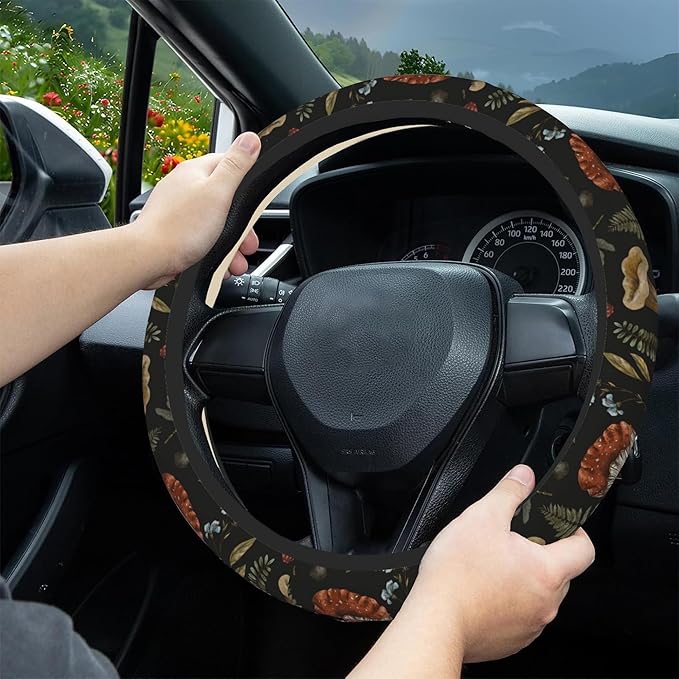 Vintage Mushroom Steering Wheel Cover, Woodland Nature Elastic Non-Slip Steering Wheel Protector,Auto Interior Decor for Women Girls,Universal 15" Fit for Sedans,Trucks