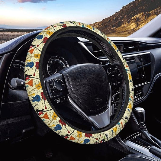 Dujiea Guitar Music Note Elastic Stretch Steering Wheel Cover, Anti-Slip and Durable Car Steering Wheel Accessories for Women Men, 15 Inch Universal Fit Car, Truck, SUV