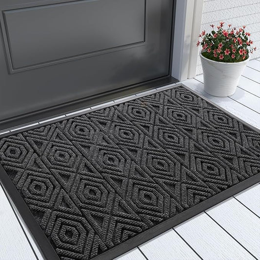 Yimobra Door Mat, Outdoor Indoor Entrance Welcome Mat, Heavy Entry Front Door Mat, Stain & Fade Resistant, Low Profile, Sturdy Rubber, Easy Clean Patio Floor Mat, Waterproof, 29.5 x 17, Black