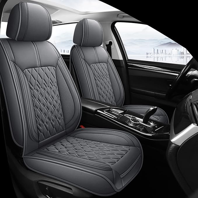 Pariitadin Leather Car Seat Covers Front Pair, Waterproof Breathable Faux Leather Automotive Seat Covers for Cars, Non-Slip Car Interior Covers Universal Fit Most Cars Sedans Trucks SUVs, Gray