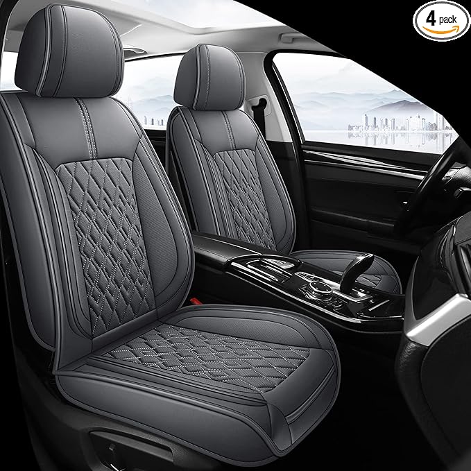 Pariitadin Leather Car Seat Covers Full Set, Waterproof Breathable Faux Leather Automotive Seat Covers for Cars, Non-Slip Car Interior Covers Universal Fit Most Cars Sedans Trucks SUVs, Gray