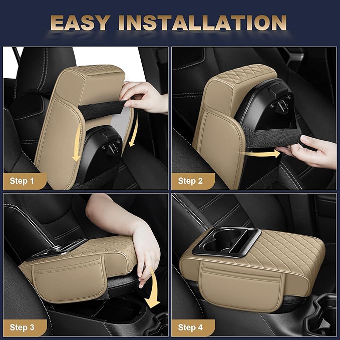 YORKNEIC Upgraded Car Center Console Cover with Cup Holder 2 Storage Bags - Faux Leather Arm Rest Cover Fit for Ford Mustang Mach-E,Middle Console Cover Multi-Functional Car armrest Cushion(Beige)