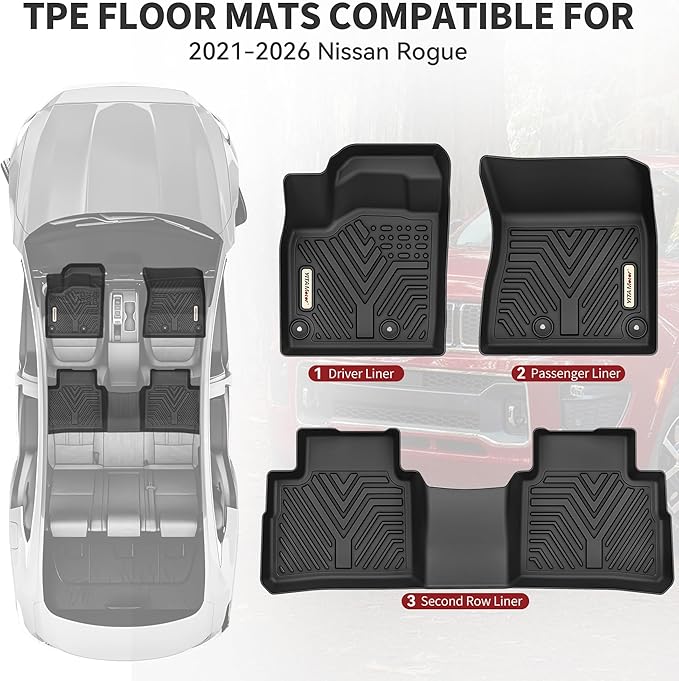 YITAMOTOR Floor Mats Compatible with 2021-2025 2026 Nissan Rogue, TPE All-Weather Protection 1st & 2nd Row Car Floor Liners Rogue Accessories, Black