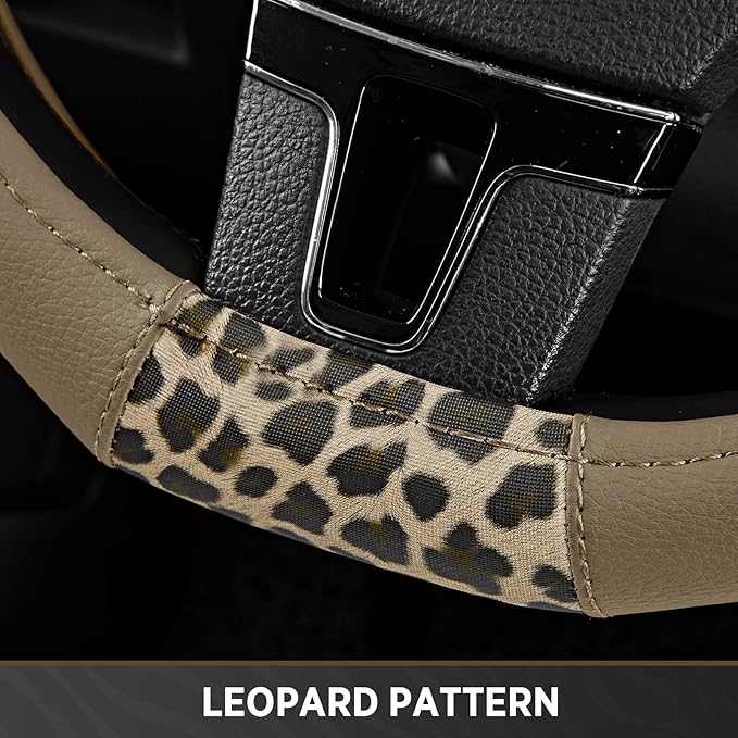 Road Comforts D-Type Steering Wheel Cover - Made with PVC Leather and Leopard Fabric - Universal Fit for 15-Inch D-Shaped Automotive Steering Wheels (Beige Color)