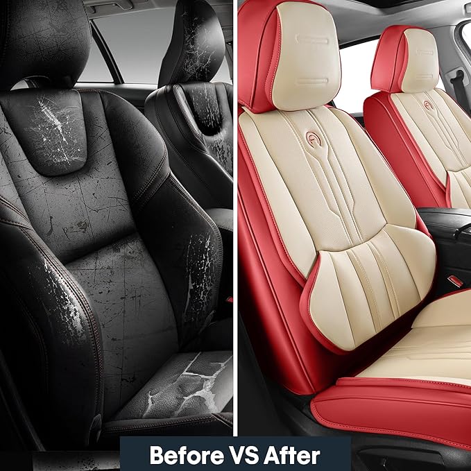 AOOG Front Seat Covers, Car Seat Covers Front Seats, Leather Seat Covers for Cars, Waterproof Seat Covers with Lumbar Support Universal Fit for Most Cars SUV Trucks(Front Pair, Red)