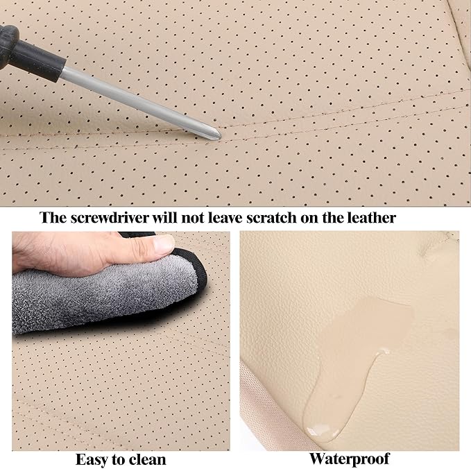 Leather Car Seat Covers Front Seats Only, 3D Foam Support Car Seat Covers, Universal fit for Trucks Vans SUVs Sedans Automotive Comfortable, Airbag Compatible (2PCS Front, Beige)